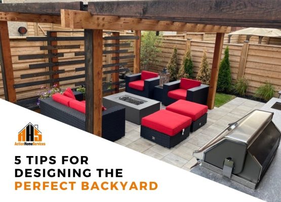 Image depicts a modern backyard patio with an outdoor kitchen and patio furniture.