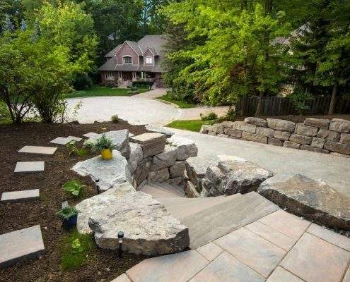 custom breathtaking Retaining Wall Stones Steps Landscaping Project Lisgar 1