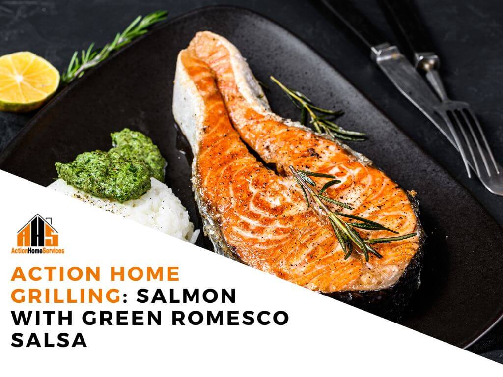 Salmon with green romesco salsa