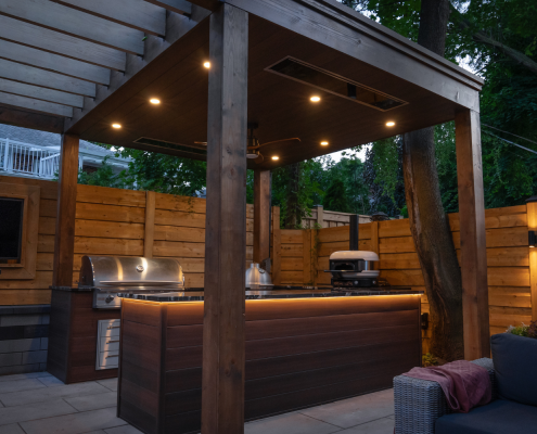 stunning patio kitchen and lounging area