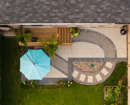 interlocking patio design with innovative landscaping