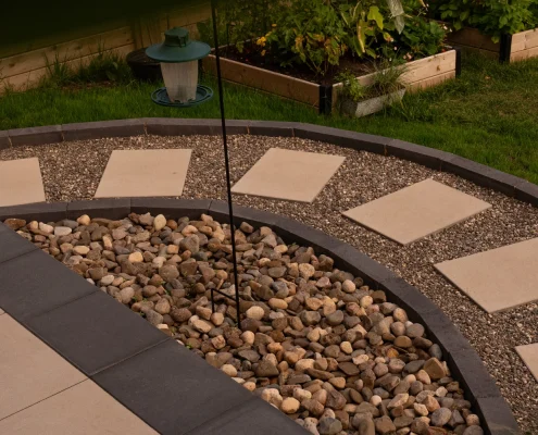 landscaping and lighting features on stone patio